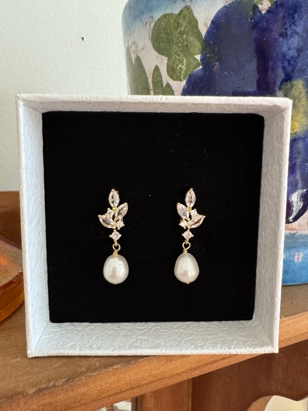 Gold Pearl Drop & Crystal Earrings